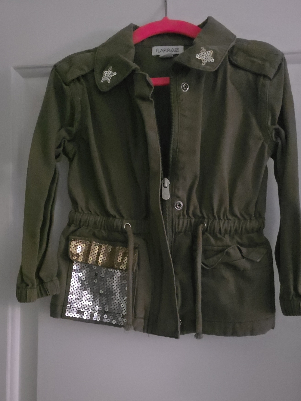 Flapdoodles Olive Green Girls' Zip Up coat w/ Sequin Accents On Pocket & Collar